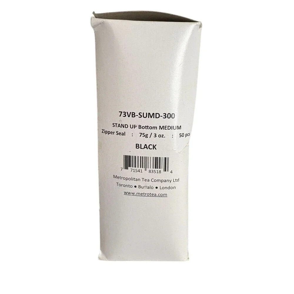 Metropolitan Stand-Up Bag Loose Tea Pouches Resealable  3 Oz 50 Pack Black Foil